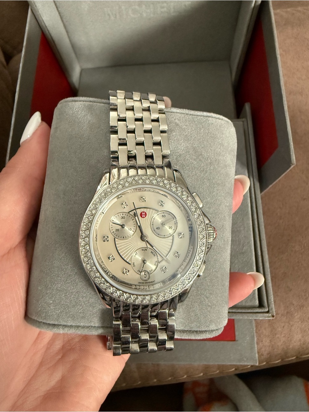 Michele Silver Diamond-Accent Chronograph Watch with Mother-of-Pearl Dial